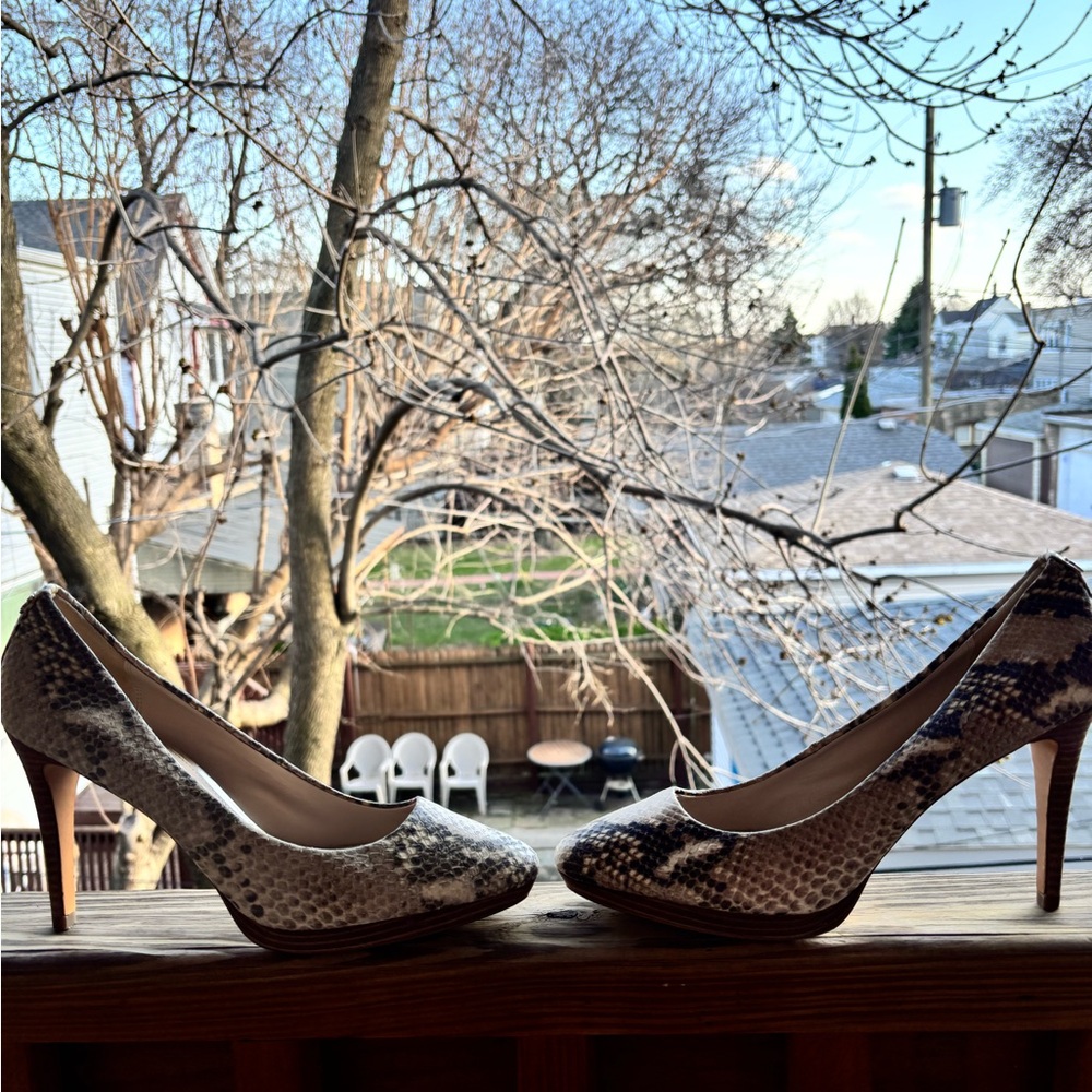 COACH Cream and Gray Snake Print Stacked Heels - Picture 4 of 12
